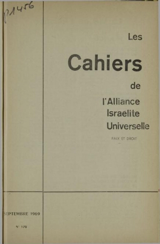 Les Cahiers de l'Alliance Israélite Universelle (Paix et Droit).  N°170 (01 sept. 1969)